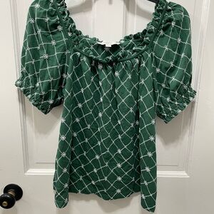 LOFT Green and White Eyelet Peasant Blouse